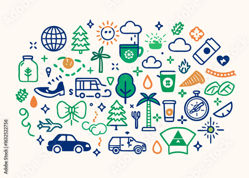 Travel adventure vacation trip journey tourism holiday destination explore nature car tree globe compass van shoe vector illustration