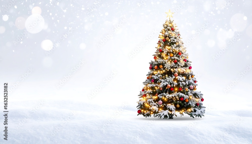 Obraz premium Illuminated Christmas Tree in Snowy Landscape with Soft Bokeh Background