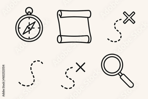 Treasure Map Icons – Adventure, Navigation, and Hidden Loot Vector Set