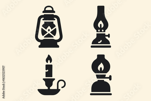 Vintage Light Fixture Icons – Retro Lamps, Chandeliers, and Antique Lighting Vector Set