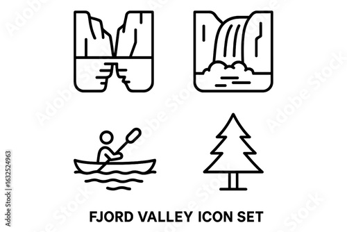 Fjord Valley Icons – Nordic Landscapes, Cliffs, and Coastal Nature Vector Set