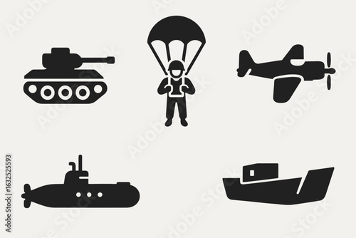 WWII Operations Icons – World War 2 Military Strategy and Battle Symbols Vector Set