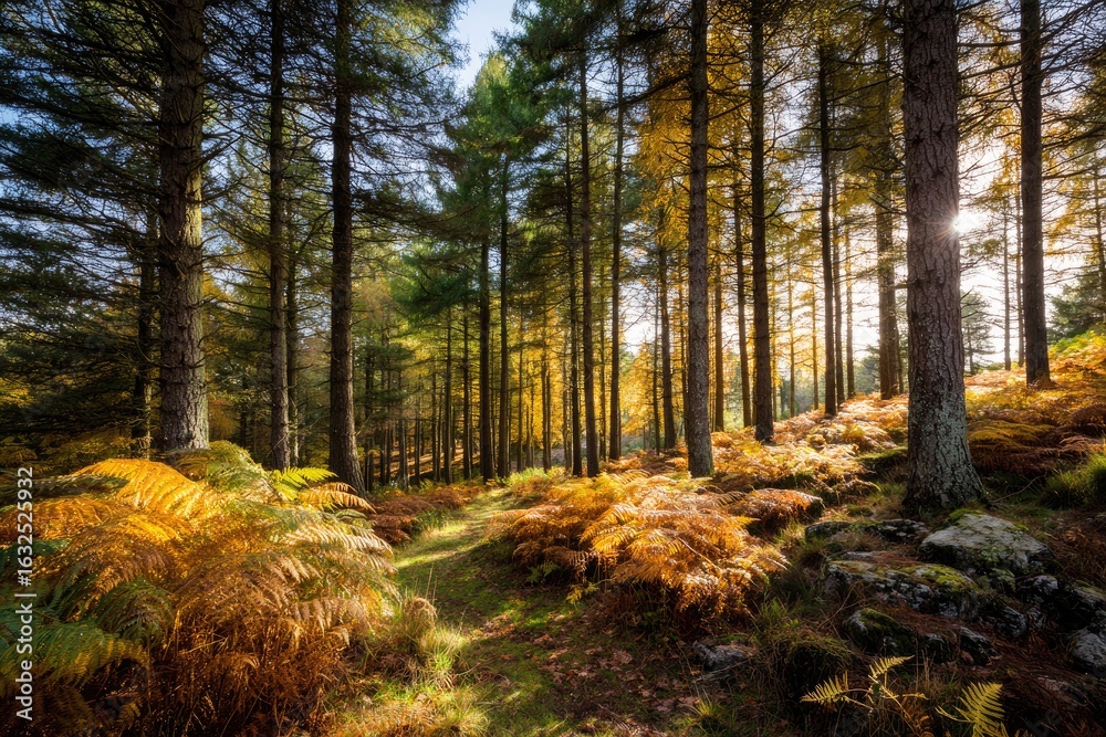 Obraz premium Sunlight streams through autumn forest, ferns and trees