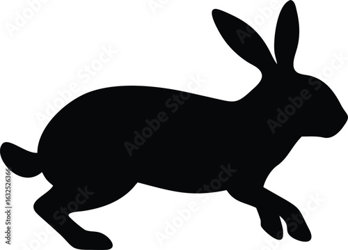 Isolated black rabbit silhouette runs swiftly against a clean, stark white background today