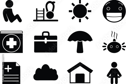 Black and white icon set with diverse symbols set of silhouettes