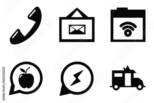 Black and white iconic representations of communication transportation and technology set of icons
