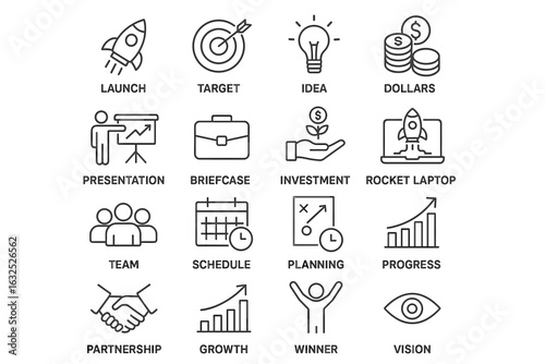Startup Icons – Minimalist Business Launch and Innovation Symbol Set