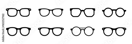 Eyeglasses Icon Set. Vector Illustration of Simple Black Outline Glasses, Spectacles, and Eyewear Shapes in a Grid Layout. Collection of Modern and Retro Styles for Fashion, Vision, and Accessories De