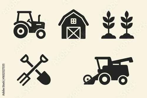 Farm Icons Set – Agriculture, Animals, Tools, and Harvest Symbols