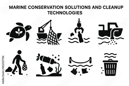 Ocean Pollution Icons – Plastic Waste in Water, Environmental Damage