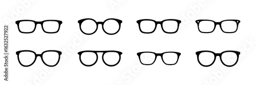 Set of eight simple black and white vector eyeglasses icons. Collection of different eyeglass frame styles, round and square shapes. Minimalist line art design elements for vision, eyewear, and fashio