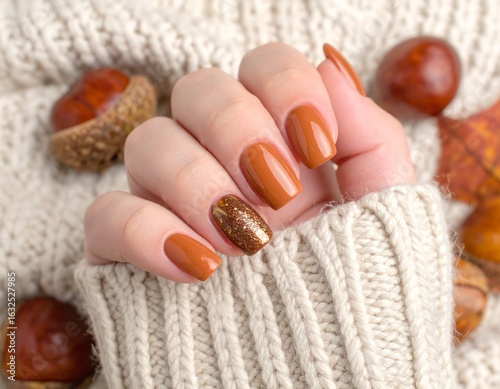 Woman’s hand with autumn inspired manicured nails on a cosy fall background