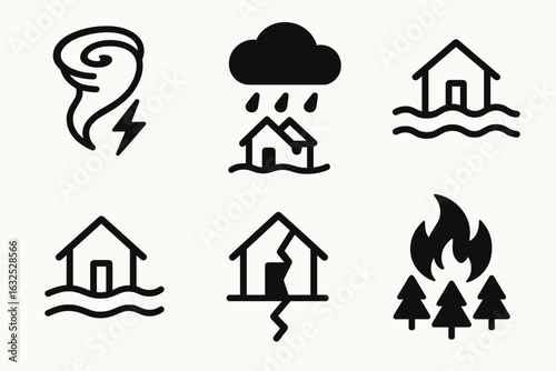 Natural Disaster Icons Set – Flood, Storm and Wildfire Symbols