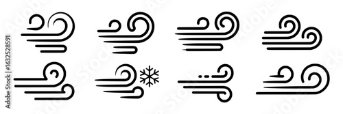 Wind and breeze icons. Collection of stylized air flow symbols, gusts of wind, spirals and swirls. Monochrome vector illustration set. Simple line art, black and white graphic design elements for weat