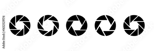 Camera shutter icons collection. Set of vector black & white photography aperture symbols. Simple graphic design elements - adjustable diaphragm, iris, lens opening. Illustration for photography apps,