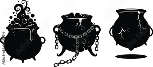 Three witch cauldrons in a silhouette style