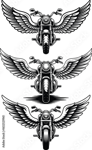 Winged Motorcycle Emblem Set, Vintage Biker Symbol Illustrations for Ride, Freedom, and Garage Art.

