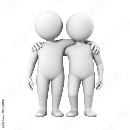 Two 3d stick figures embracing each other with arms around shoulders isolated on white background
