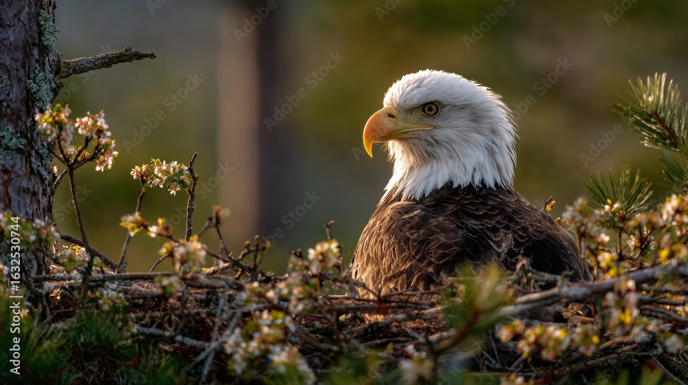 Obraz premium Majestic Bald Eagle Nesting Among Blossoms in Natural Habitat Portrait
