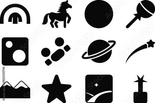 Black and white icons featuring celestial bodies animals and objects set of silhouettes