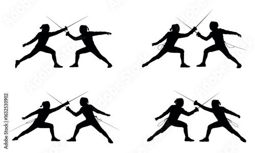 Silhouettes of fencers in sword duel pose during fencing match and competition
