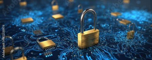 Golden padlocks on blue circuit board represent cybersecurity, data protection. Close-up of complex circuit with electrical resistors, capacitors, wires. Central padlock surrounded by smaller gold