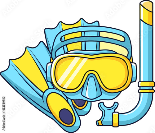 Vibrant cartoon snorkeling set with a blue and yellow mask snorkel and fins.
