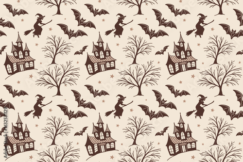 Spooky Halloween pattern with witches, haunted houses, bats, and bare trees Seamless pattern