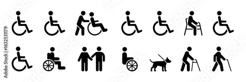 Accessibility icon set: Wheelchair users, assistance, walker, cane, service dog, sitting. Black and white vector graphic symbols collection for inclusive design.