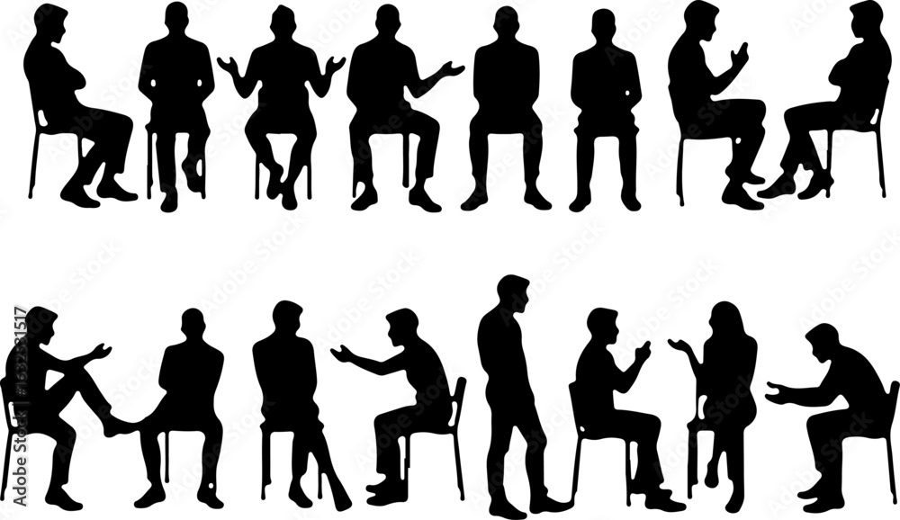 Fototapeta premium Silhouettes of People Sitting and Talking in Chairs vector bundle