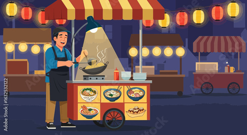 Asian Street Food Vendor Prepares Noodle Dishes At Night Market