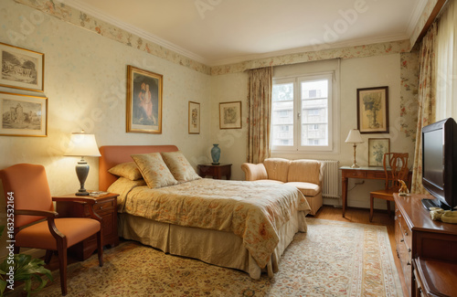 Cozy retro-style bedroom with bed, desk, lamp, white curtains, paintings, beige carpet, brown armchair. Soft light, warm glow, comfort, luxury, design, art, interior, home, living space.