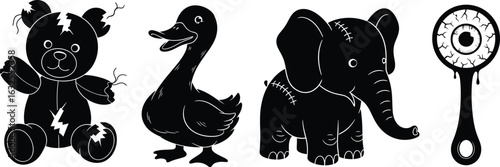 Collection of four classic toy silhouettes including a bear duck elephant and rattle silhouette