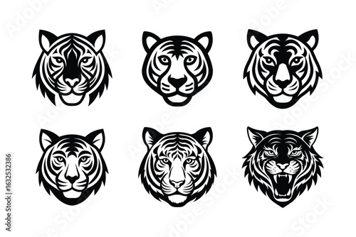 Tiger head  line art and vector silhouette vector art  set