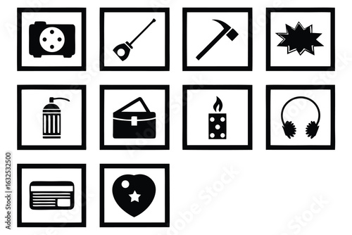 Black and white icons of objects and symbols set of isolated