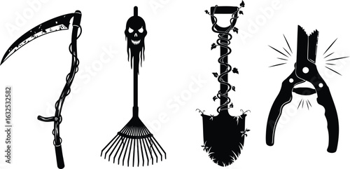 Collection of garden tools including scythe rake shovel and shears silhouette