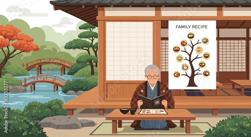 Respectful Senior Reading Cookbook By Waterside Tea House In Japan