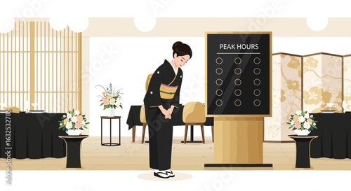 Elegant Japanese Restaurant With Respectful Kimono-Clad Staff At Peak Hours