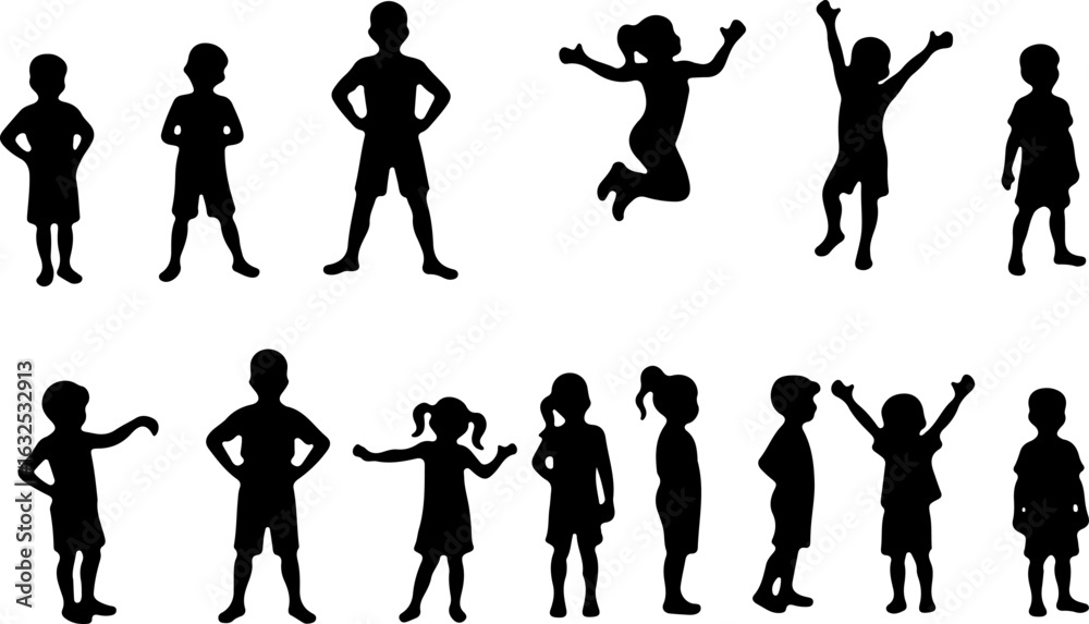 Fototapeta premium Silhouettes of Children in Various Poses vector bundle