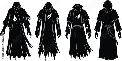 Four mysterious figures in dark hooded robes silhouette