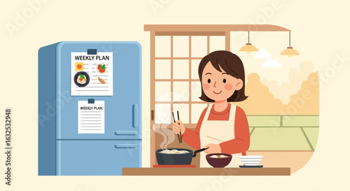 Woman Cooking Following Her Weekly Meal Plan In Her Kitchen