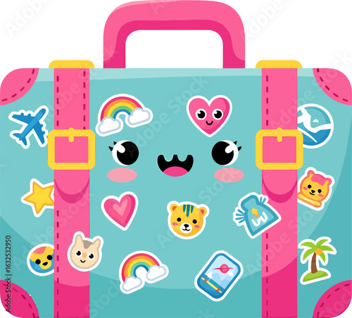 Adorable turquoise and pink travel suitcase with a smiling kawaii face and colorful stickers.