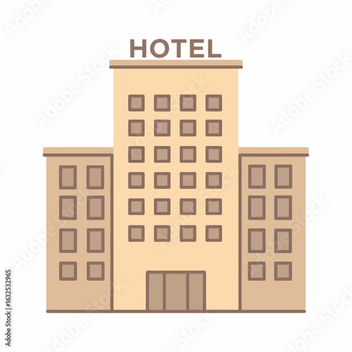 Minimalist beige hotel building with a central tower symmetrical facade and brown sign Flat vector illustration.