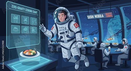 Astronauts Enjoying Zero Gravity Fine Dining Experience In Space Restaurant