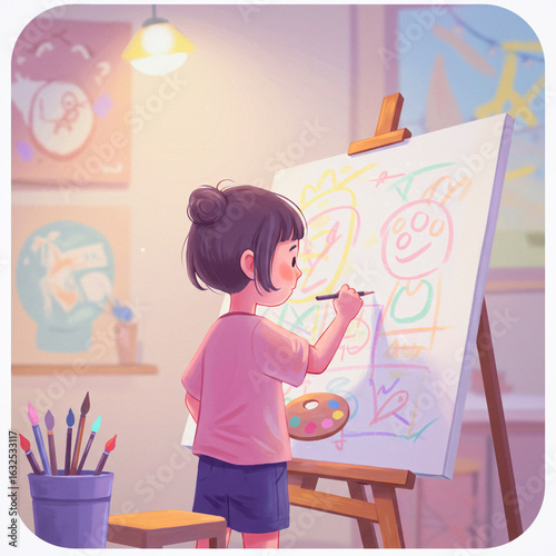 Illustration of a little girl drawing with colors on a board