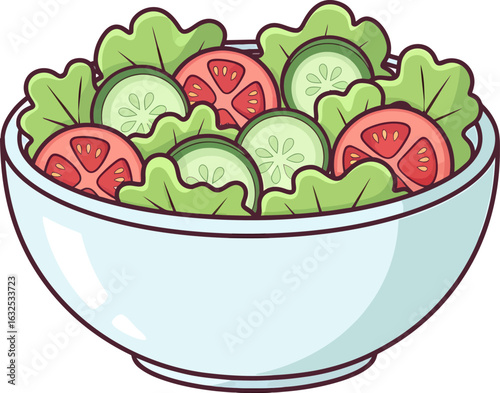 A vibrant cartoon illustration of a fresh vegetable salad in a simple light blue bowl.