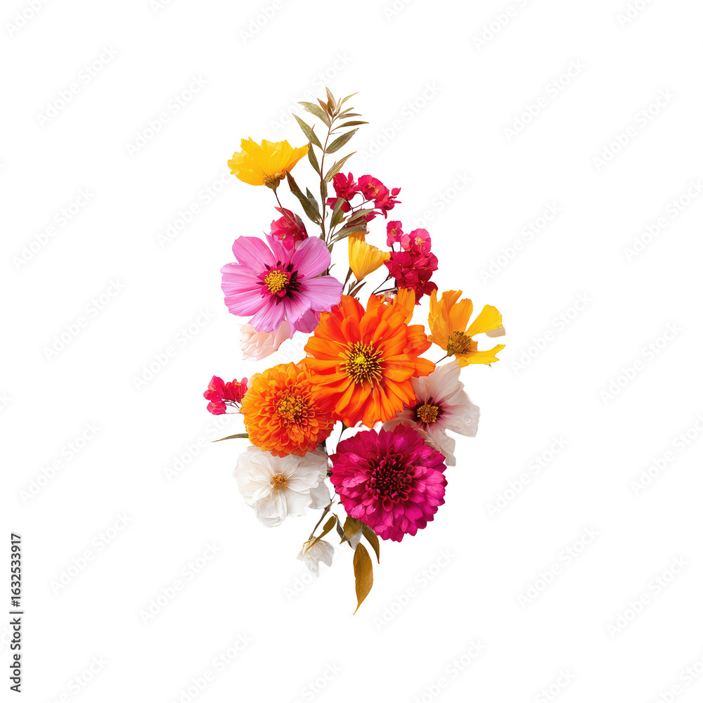 Obraz premium Vibrant flower bouquet in various shades of orange, pink, and yellow, centered against a black backdrop