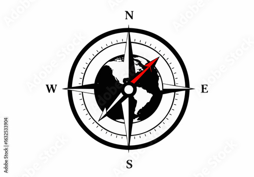 Illustration of a compass rose with a red needle pointing north over a world map design element