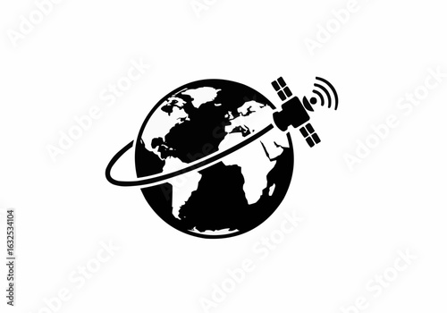 Black and white globe with satellite orbiting and transmitting signal around the world image icon