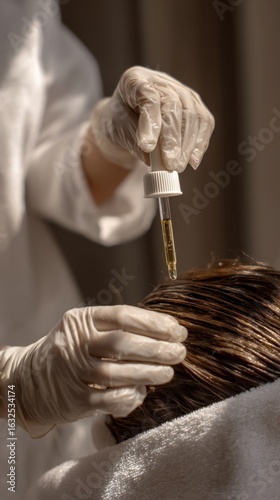 Beautician applying hair growth serum with pipette on client's scalp